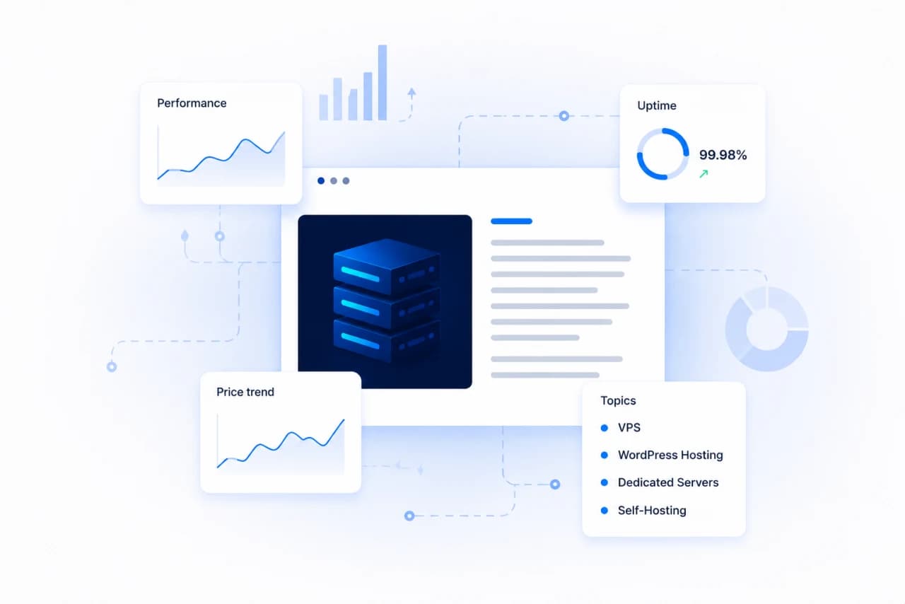 Hosting infrastructure dashboard with performance metrics, uptime tracker, price trend, and topic overview